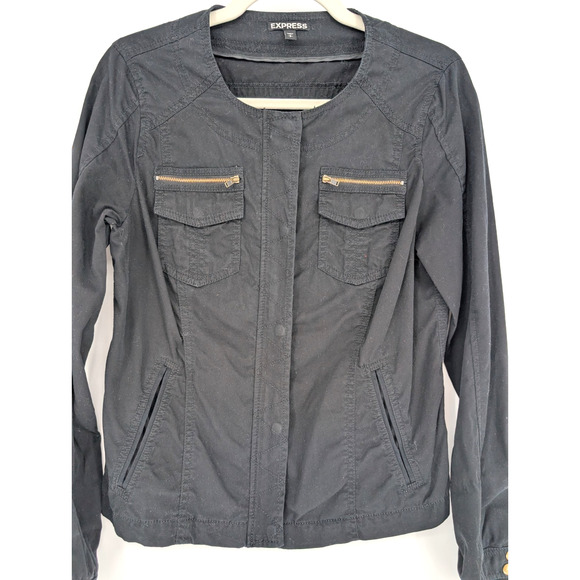 VTG Y2K Express Black Utility Jacket Cotton Canvas Zip Pocket Moto Style Small - Picture 4 of 8
